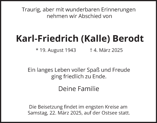 Traueranzeige von Karl-Friedrich (Kalle) Berodt von HA Regio Stormarn