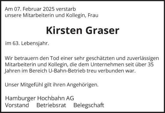 Traueranzeige von Kirsten Graser von Hamburger Abendblatt