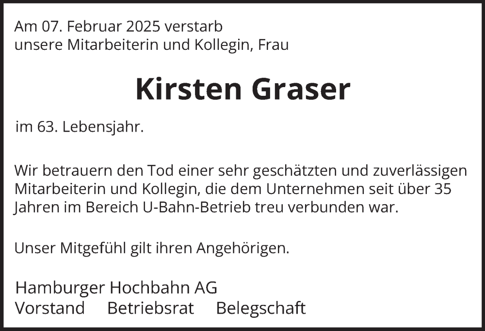  Traueranzeige für Kirsten Graser vom 22.03.2025 aus Hamburger Abendblatt