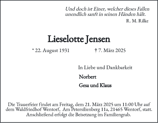 Traueranzeige von Lieselotte Jensen von Bergedorfer Zeitung