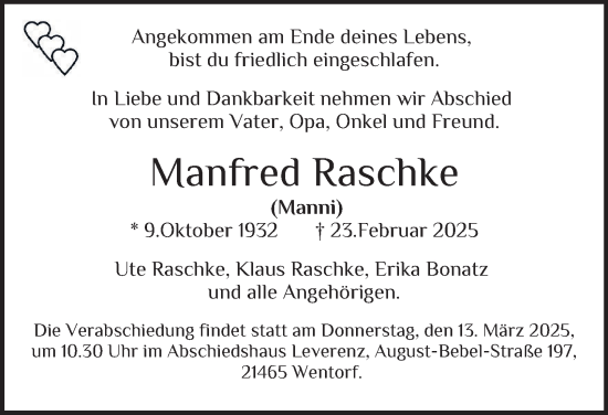 Traueranzeige von Manfred Raschke von Bergedorfer Zeitung