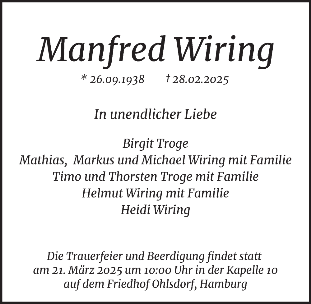  Traueranzeige für Manfred Wiring vom 15.03.2025 aus Hamburger Abendblatt