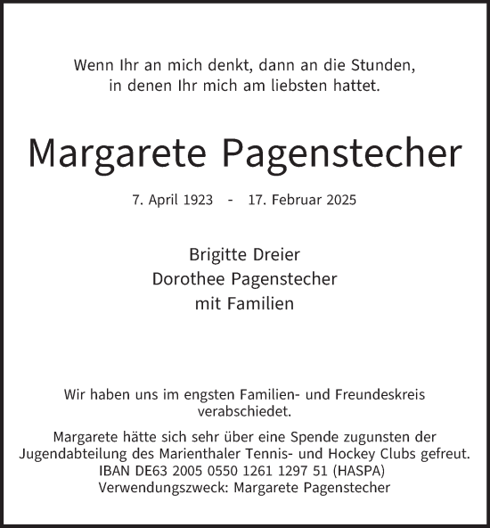 Traueranzeige von Margarete Pagenstecher von Hamburger Abendblatt