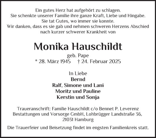 Traueranzeige von Monika Hauschildt von Bergedorfer Zeitung