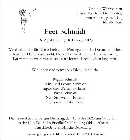 Traueranzeige von Peer Schmidt von Hamburger Abendblatt