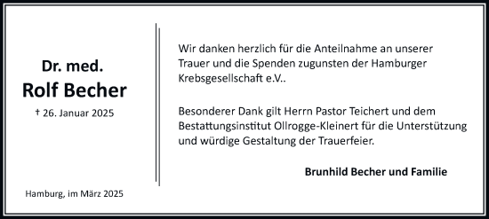 Traueranzeige von Rolf Becher von Bergedorfer Zeitung