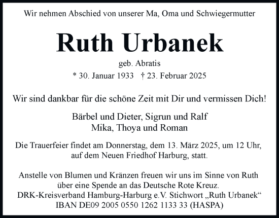 Traueranzeige von Ruth Urbanek 