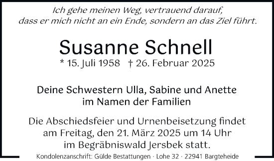 Traueranzeige von Susanne Schnell von Hamburger Abendblatt