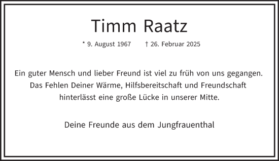 Traueranzeige von Timm Raatz von Hamburger Abendblatt