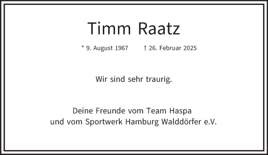 Traueranzeige von Timm Raatz von Hamburger Abendblatt