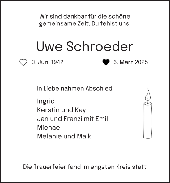 Traueranzeige von Uwe Schroeder von Bergedorfer Zeitung