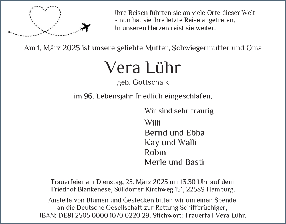  Traueranzeige für Vera Lühr vom 15.03.2025 aus Hamburger Abendblatt