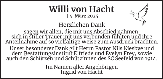 Traueranzeige von Willi von Hacht von Bergedorfer Zeitung