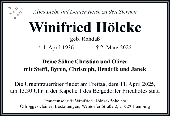Traueranzeige von Winifried Hölcke von Bergedorfer Zeitung