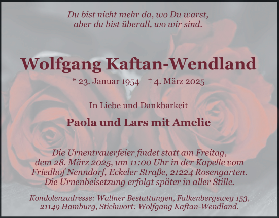 Traueranzeige von Wolfgang Kaftan-Wendland 