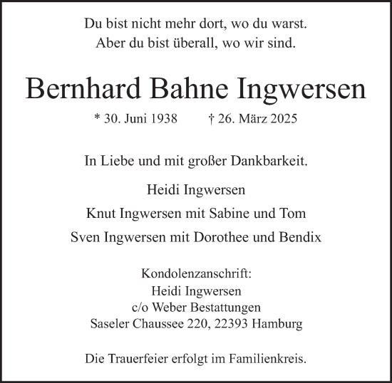 Traueranzeige von Bernhard Bahne Ingwersen von Hamburger Abendblatt