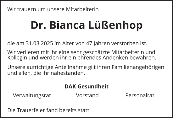 Traueranzeige von Bianca Lüßenhop von Hamburger Abendblatt