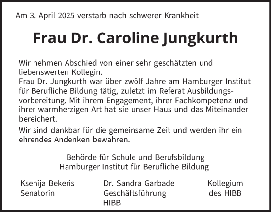 Traueranzeige von Caroline Jungkurth von Hamburger Abendblatt