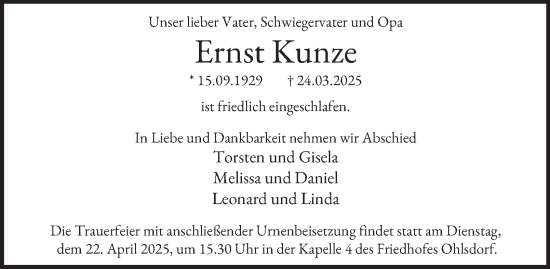 Traueranzeige von Ernst Kunze von Hamburger Abendblatt