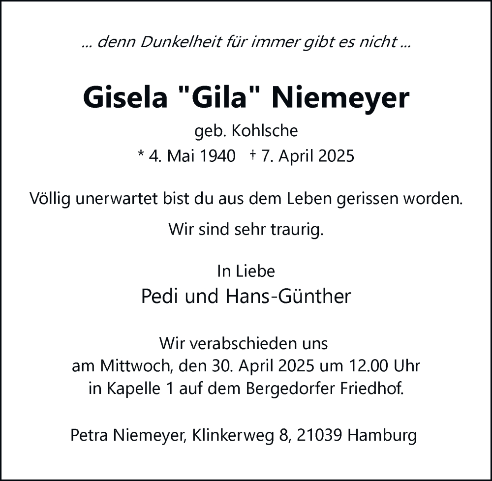  Traueranzeige für Gisela Niemeyer vom 19.04.2025 aus Bergedorfer Zeitung