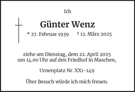 Traueranzeige von Günter Wenz 