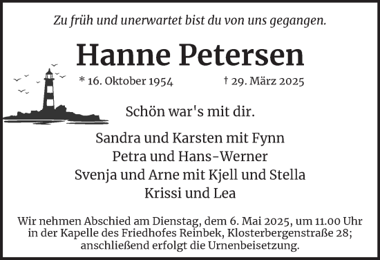 Traueranzeige von Hanne Petersen 