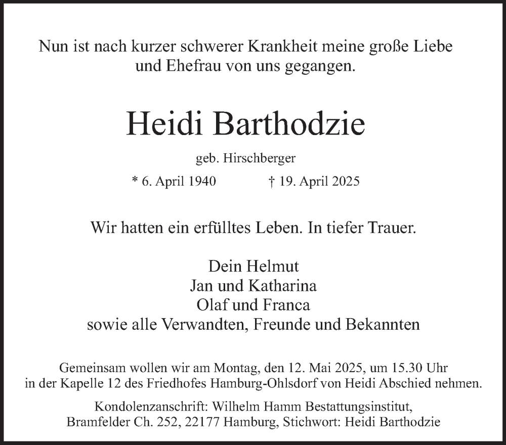  Traueranzeige für Heidi Barthodzie vom 26.04.2025 aus Hamburger Abendblatt