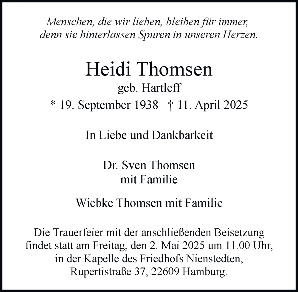  Traueranzeige für Heidi Thomsen vom 26.04.2025 aus Hamburger Abendblatt