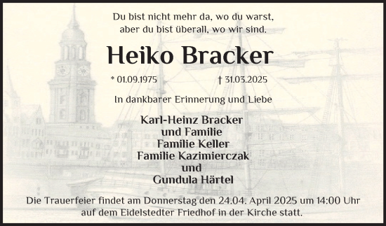Traueranzeige von Heiko Bracker von Hamburger Abendblatt