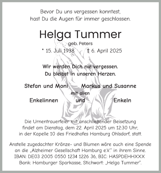 Traueranzeige von Helga Tummer von Hamburger Abendblatt