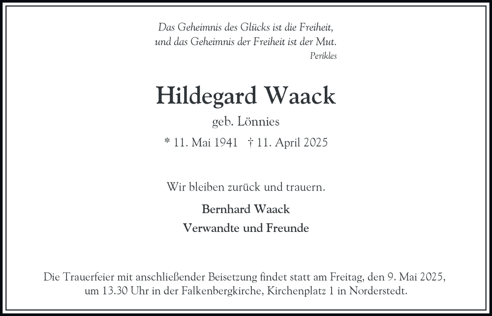  Traueranzeige für Hildegard Waack vom 26.04.2025 aus HA Regio Norderstedt