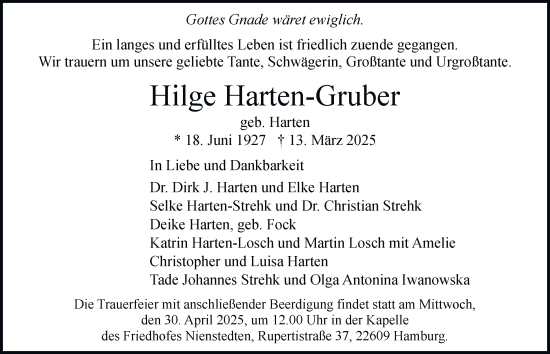 Traueranzeige von Hilge Harten-Gruber von Hamburger Abendblatt