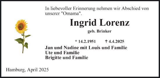 Traueranzeige von Ingrid Lorenz von Hamburger Abendblatt