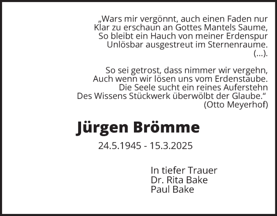 Traueranzeige von Jürgen Brömme von Hamburger Abendblatt
