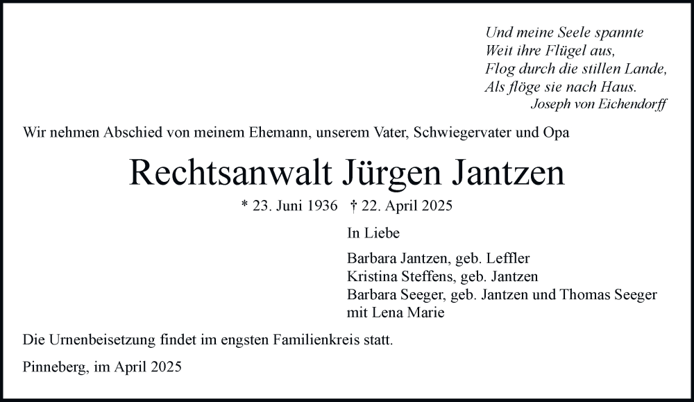  Traueranzeige für Jürgen Jantzen vom 26.04.2025 aus Hamburger Abendblatt