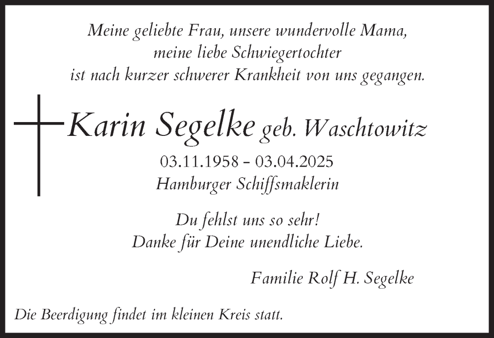  Traueranzeige für Karin Segelke vom 19.04.2025 aus Hamburger Abendblatt