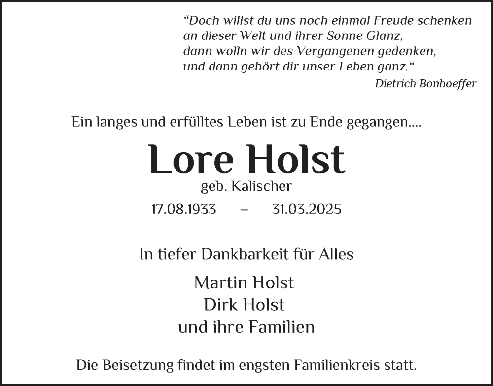  Traueranzeige für Lore Holst vom 12.04.2025 aus Hamburger Abendblatt