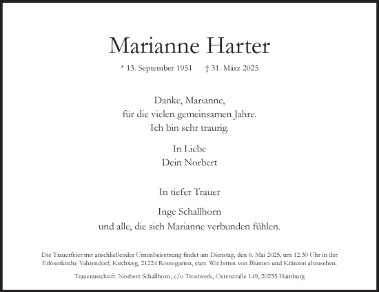 Traueranzeige von Marianne Harter von Hamburger Abendblatt