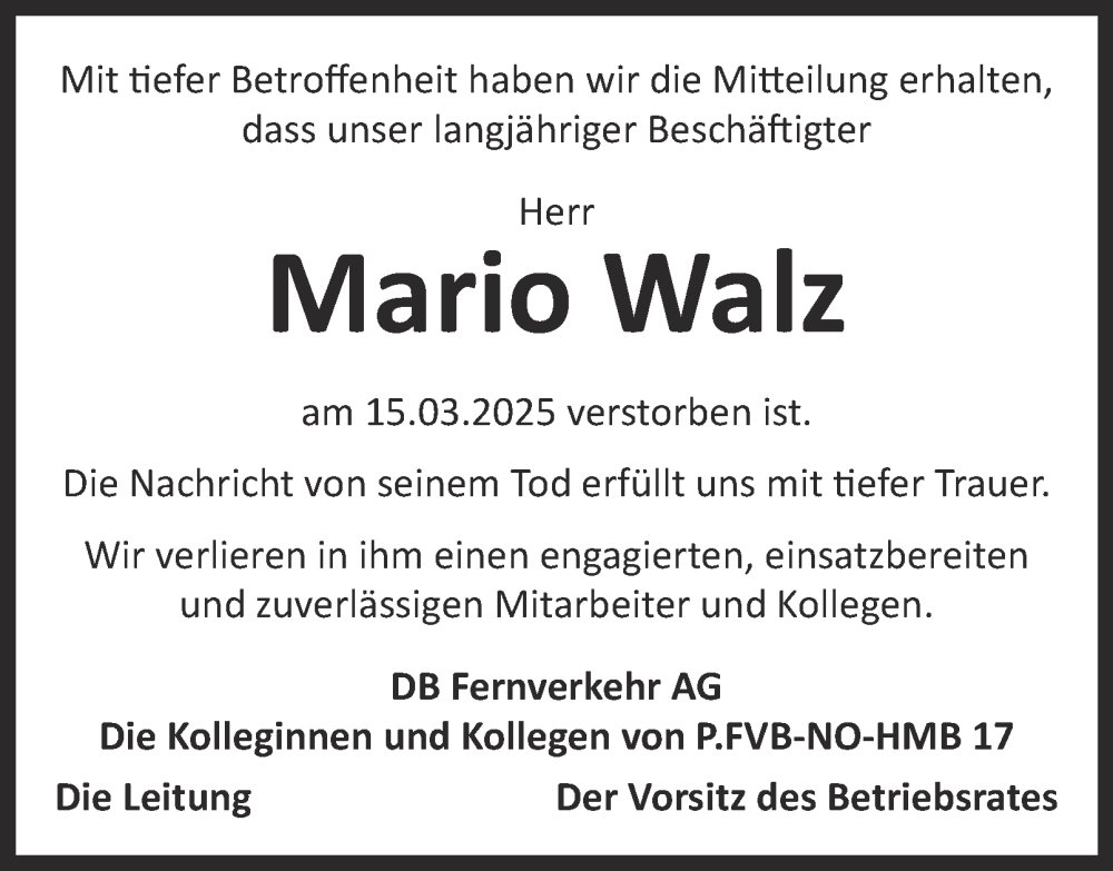  Traueranzeige für Mario Walz vom 19.04.2025 aus Hamburger Abendblatt