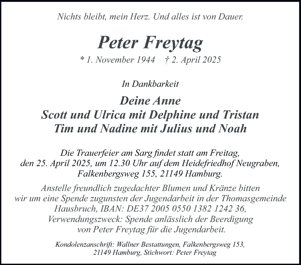  Traueranzeige für Peter Freytag vom 19.04.2025 aus Hamburger Abendblatt