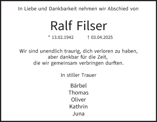 Traueranzeige von Ralf Filser von Hamburger Abendblatt