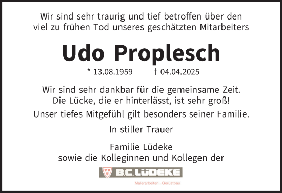 Traueranzeige von Udo Proplesch von Hamburger Abendblatt