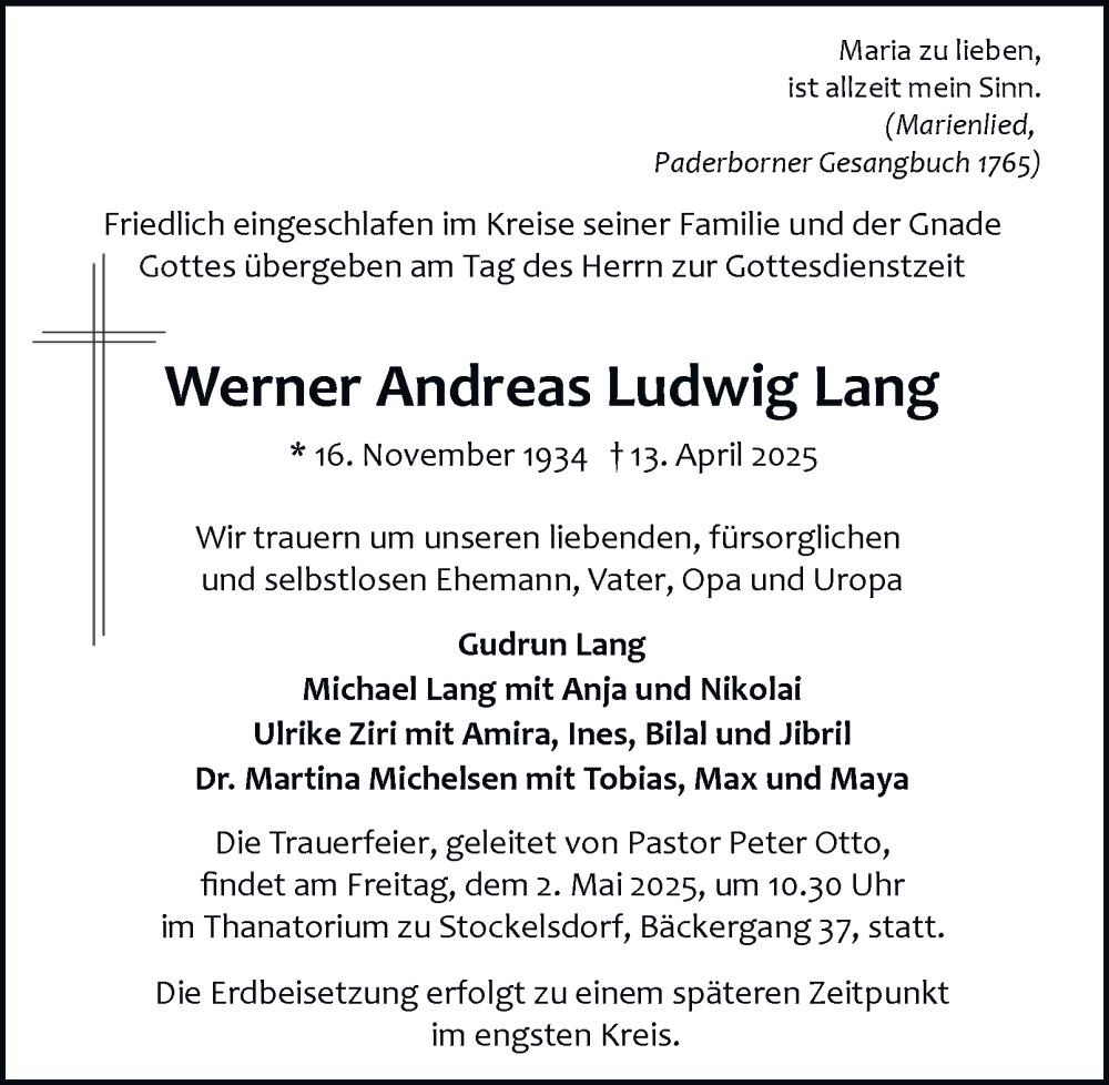  Traueranzeige für Werner Andreas Ludwig Lang vom 26.04.2025 aus Hamburger Abendblatt