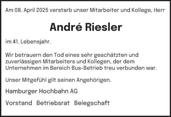 Traueranzeige von André Riesler von Hamburger Abendblatt