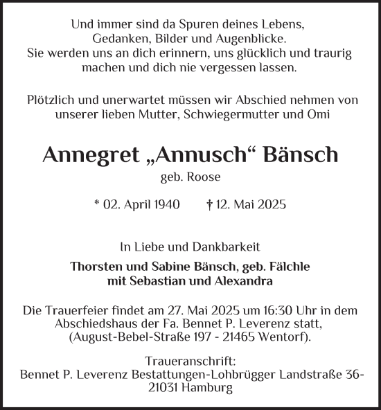 Traueranzeige von Annegret Bänsch von Bergedorfer Zeitung