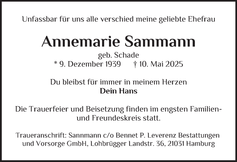  Traueranzeige für Annemarie Sammann vom 17.05.2025 aus Bergedorfer Zeitung