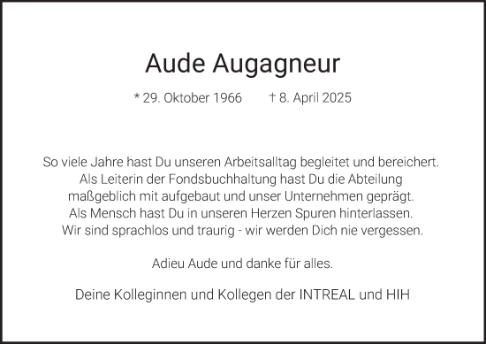 Traueranzeige von Aude Augagneur von Hamburger Abendblatt