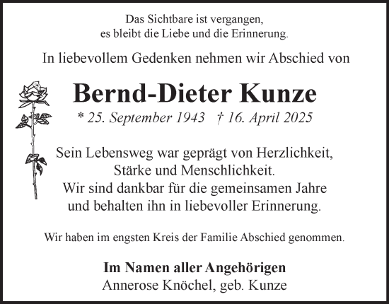 Traueranzeige von Bernd-Dieter Kunze 