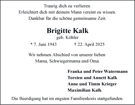 Traueranzeige von Brigitte Kalk von Bergedorfer Zeitung