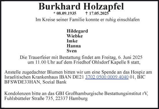 Traueranzeige von Burkhard Holzapfel von Hamburger Abendblatt